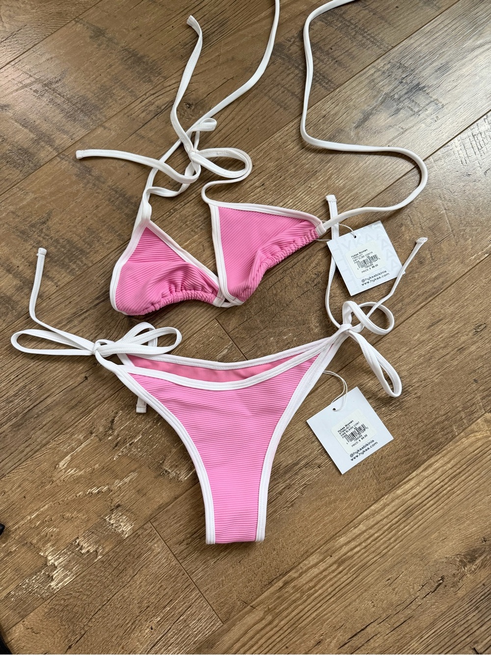 Hykaa Pink Ribbed Triangle Bikini with White Trim